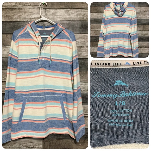 Tommy Bahama Striped Pullover Hoodie Men’s L Blue Cream Drawstring - Picture 1 of 8